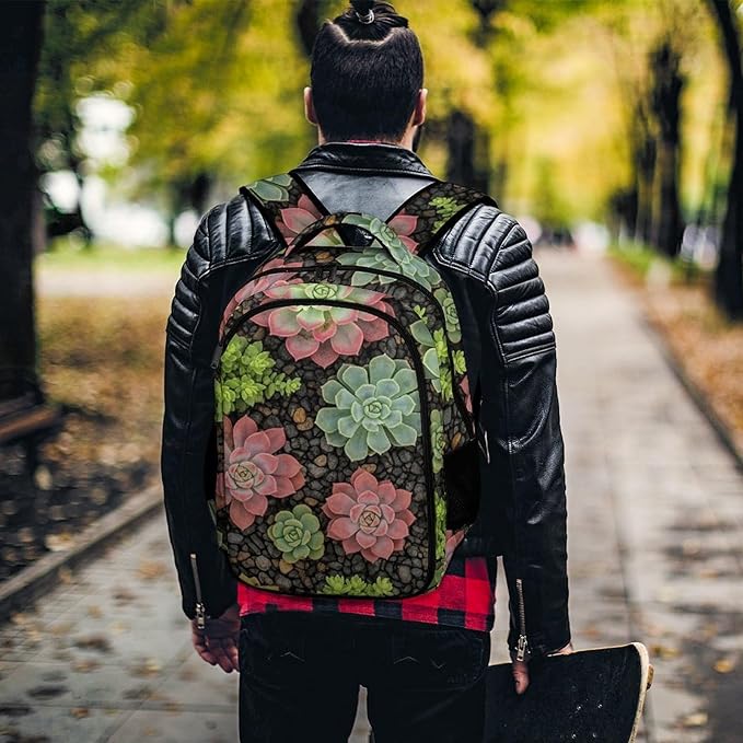 Casual Laptop Backpack Purse Succulent Plants, Cute Travel Bag with Tumbler Holder for Nurse Teacher College Commute