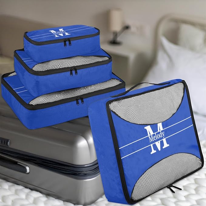 Custom 4 Packing Cubes Set, Lightweight Mesh Travel Luggage Organizers for Travel, 4 Pieces Suitcase Storage Bags, Navy Blue with Initial letter