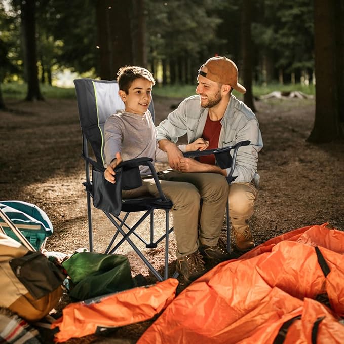 Folding Camping Chairs for Adults, Padded Folding Chairs for Outside Heavy Duty with Cup Holders & Side Pocket, Support up to 500 lbs, Black