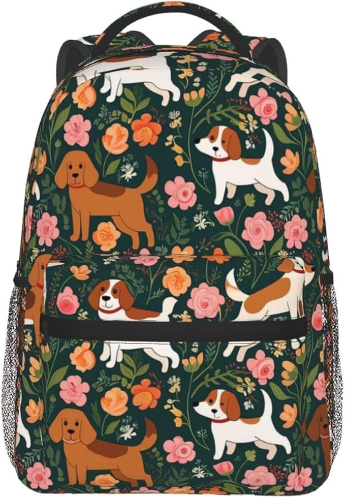 Daypack Backpack Multipurpose Anti-Theft Large Capacity Bookbag, English Springer Spaniel And Retro Floral Travel Hiking Camping Rucksack With Adjustable Shoulder Straps