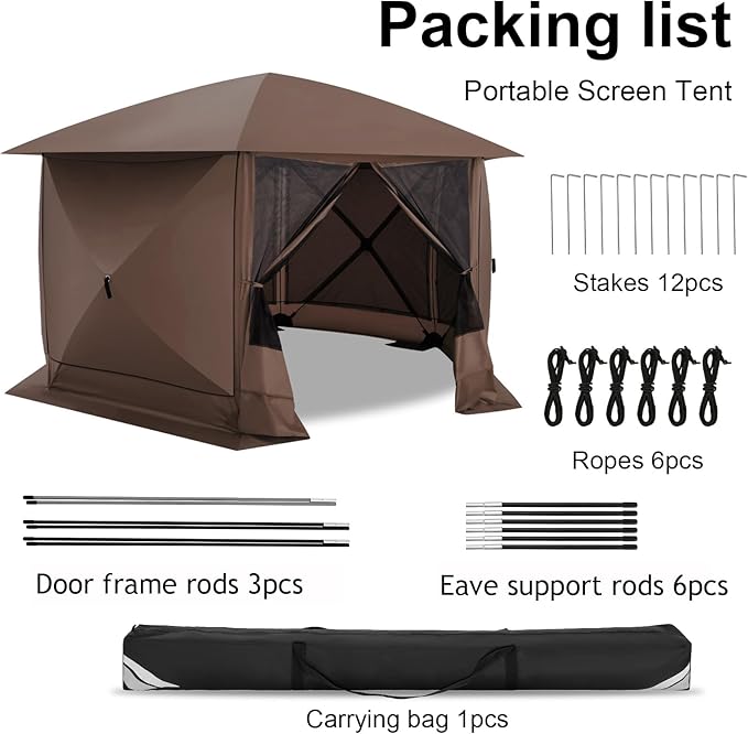 COBIZI Pop Up Gazebo Screen Tent Screen House for Camping, 12x12 Screen Room with Mosquito Netting, Hub Tent Instant Screened Canopy with Carrying Bag and Ground Stakes, Brown