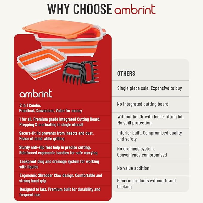 Medium 8L BBQ Prep Tub with Lid & 2 pcs Meat Shredder Claws, Collapsible Cutting Board for Brisket, BBQ Tray for Meal Prep marinating, Versatile Kitchen Container for Meat & Food storage