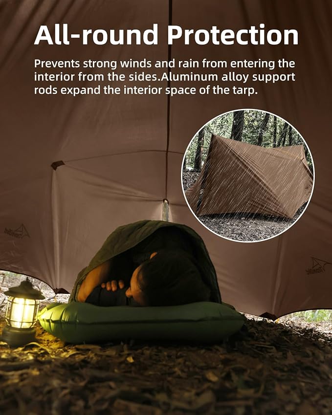Ultralight Tarp, 14ft Hammock Rain Fly Lightweight Waterproof Camping Tent Tarp with Doors, Bushcraft Tarp Shelter for Backpacking Hiking Camping