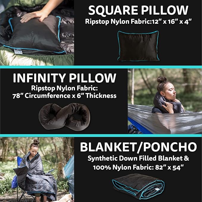 NAPRO Ripstop Outdoor Camping Pillow and Blanket 3-in-1, Versatile Lightweight Nylon Waterproof Stadium Blanket, Ultralight Backpacking Essentials, Travel Blanket and Pillow Set - Black/Turquoise