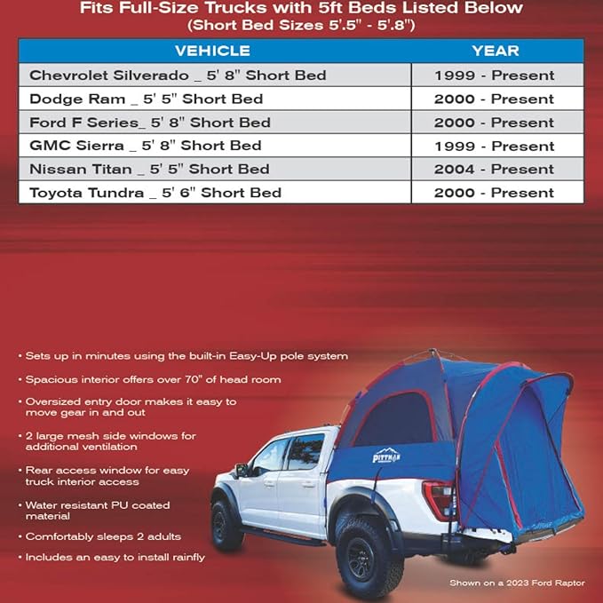 Pittman - Truck Bed Tent with EZ-UP Design - Truck Tent for Camping - Includes Rain Fly, Extra Wide Entry, Oversize Air Mesh & Porch Cover - Premium Truck Bed Camper