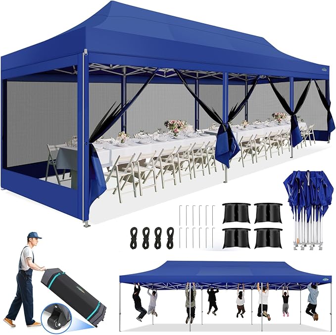 COBIZI 10x30 Canopy Tent, Heavy Duty Pop up Canopy with Sidewalls, Waterproof Easy Setup Canopy with Mosquito Netting, Outdoor Instant Screen Tents for Parties, Wedding with Roller Bag, Dark Blue