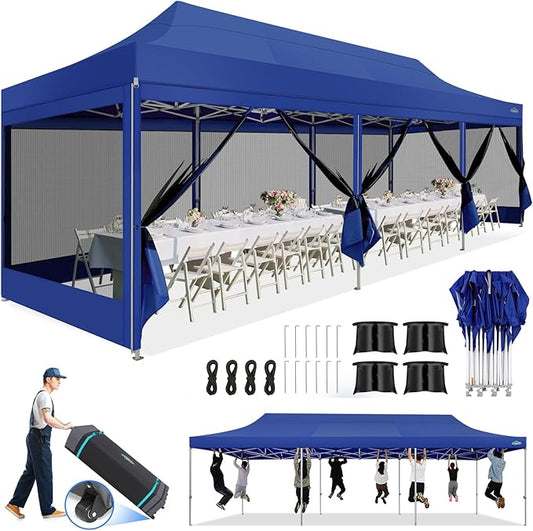 COBIZI 10x30 Canopy Tent, Heavy Duty Pop up Canopy with Sidewalls, Waterproof Easy Setup Canopy with Mosquito Netting, Outdoor Instant Screen Tents for Parties, Wedding with Roller Bag, Dark Blue