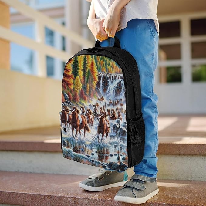 Supdreamc Rucksack Polyester Anti-Theft Multipurpose Beautiful Horses Running In River Waters Carry On Bag Large Capacity Travel and Sport Backpack Rucksack With Smooth Zippers