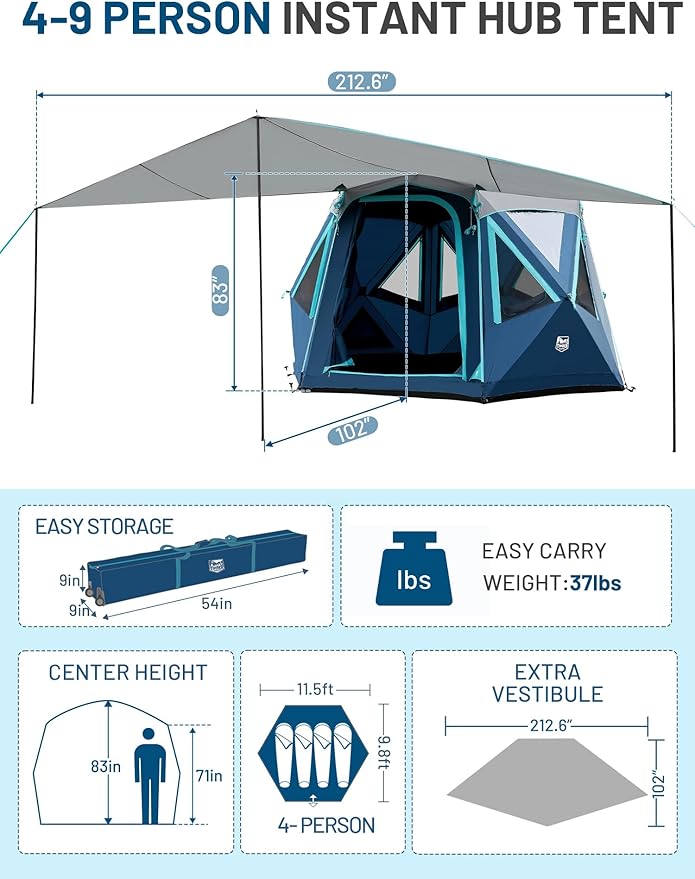 TIMBER RIDGE 4/6/8 Person Instant Pop Up Cabin Tent, Easy 60 Second Setup, Weather Resistant Camping Family Hub Tent with Rain Fly and Carry Bag for Outdoor Camping & Overlanding