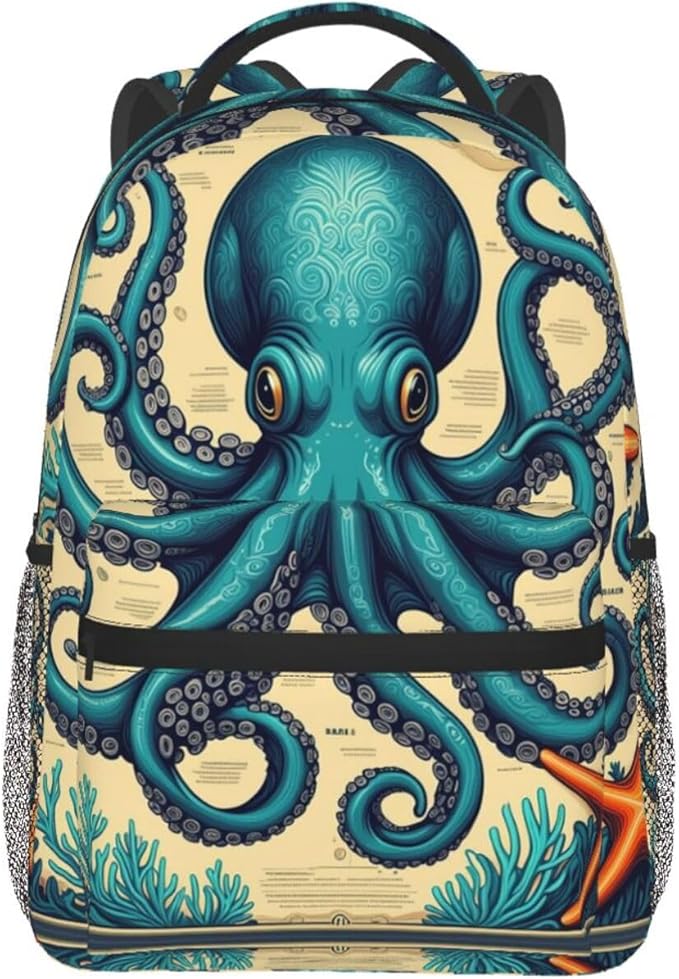 Men Women Polyester Retro Octopus Art Daypack Bookbag Big Capacity Shoulder Bag With Padded Straps for Climbing Travel Walking Cycling