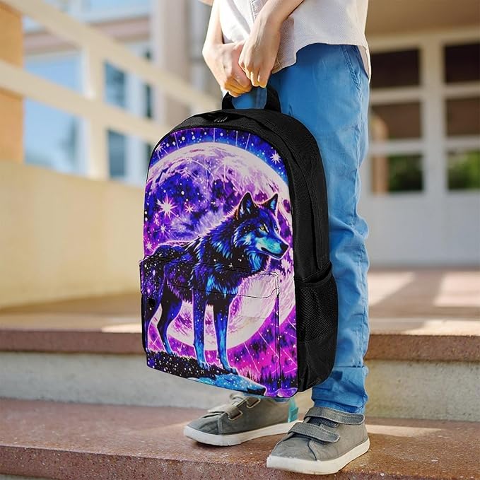 Supdreamc Backpack Anti-Theft Multipurpose Large Capacity Carry On Bag, Neon Sky Moon Wolf Camping Outdoor Backpack With Side Pockets