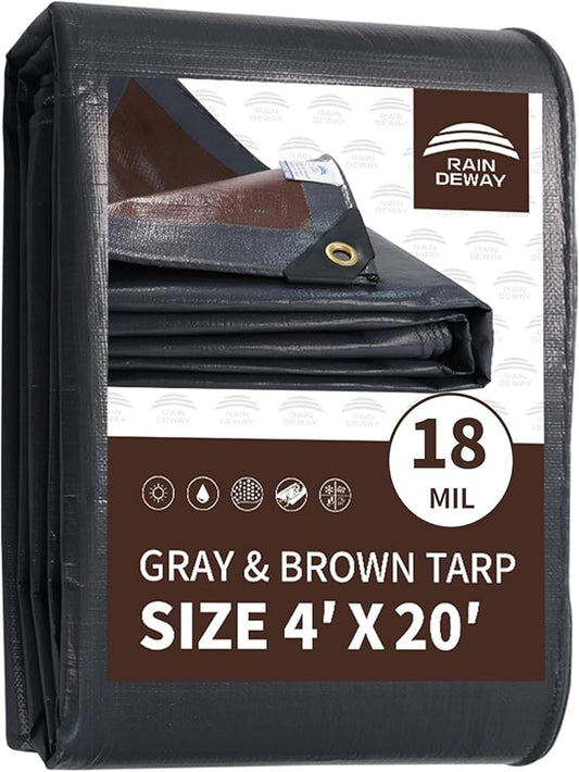 RAINDEWAY 4x20 Feet Super Heavy Duty Tarp 18 Mil, UV Resistant, Weatherproof, Multipurpose Waterproof Poly Tarp with Grommets and Reinforced Edges, Brown/Gray Tarps
