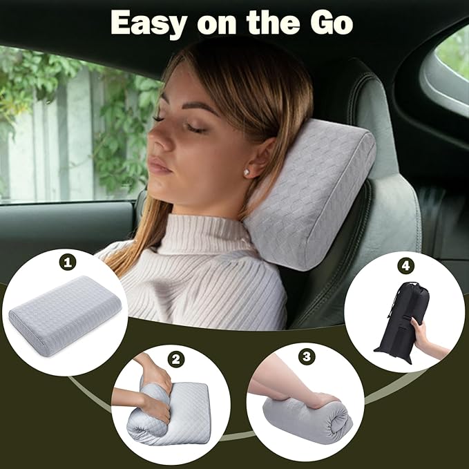 Vekkia Travel Pillow with Memory Foam, Portable and Compressible Camping Pillow with Washable Cover, Ergonomic Supportive for Sleeping, Ideal for Adults & Kids Travel, Hiking, Airplane, Car (Gray M)