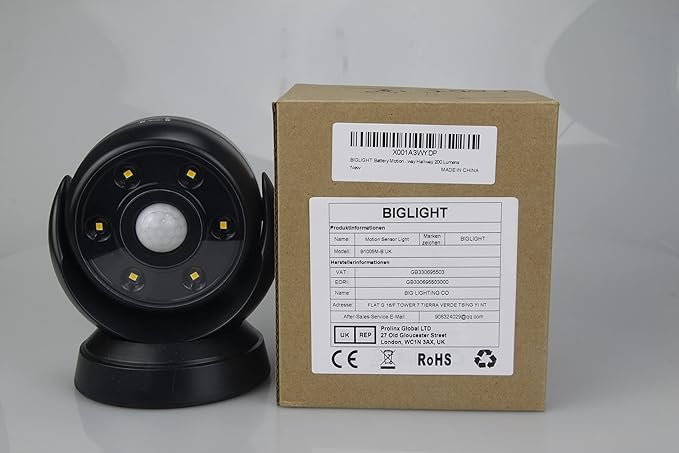 BIGLIGHT Battery Operated Motion Sensor Spotlight, Wireless LED Flood Light Indoor Outdoor, Waterproof Security Lighting, Bright Uplight for Wall Front Door Shed Hallway Bathroom Porch, 200 Lumen