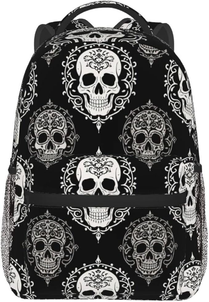 Daypack Anti-Theft Multipurpose Large Capacity Shoulder Bag, Vintage Skull Travel Hiking Camping Rucksack With Smooth Zippers