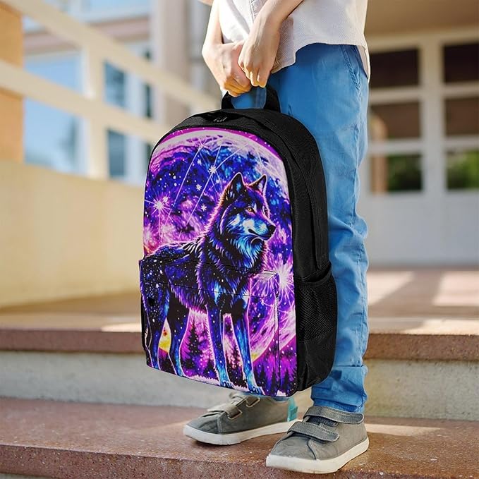 Supdreamc Daypack Backpack Anti-Theft Multipurpose Large Capacity Carry On Bag, Trippy Wolf Space Galaxy Art Traveling Camping Backpack With Side Pockets