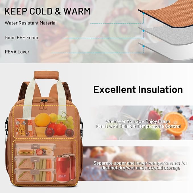 MIER Backpack Cooler 24 Cans Insulated Double Deck Soft Coolers Bag Lightweight Lunch Back Pack Women Men for Beach Travel Work Fishing, Brown