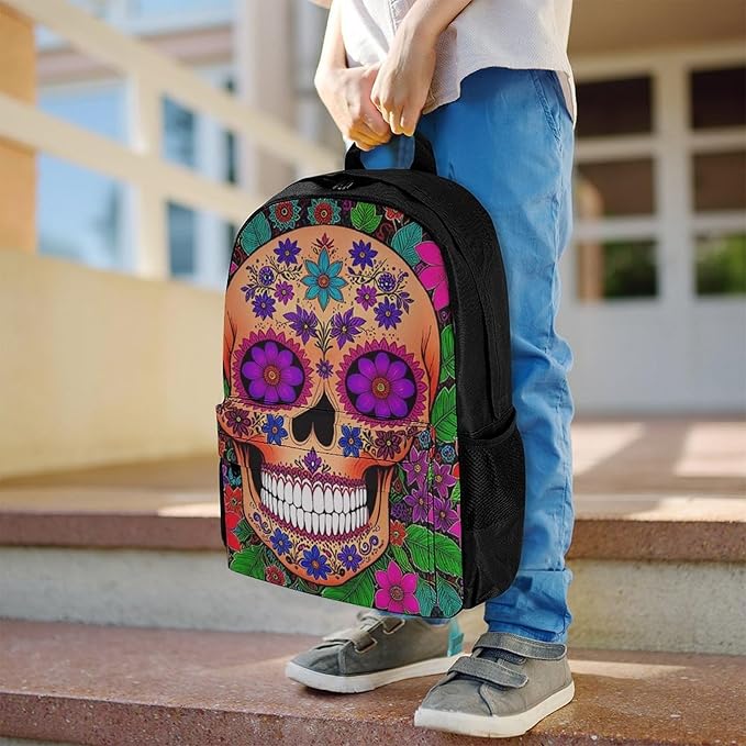 Supdreamc Daypack Backpack Anti-Theft Multipurpose Big Capacity Bookbag, Grunge Mexican Sugar Skulls Day Of The Dead Flowers Art Business Computer Bag With Side Pockets