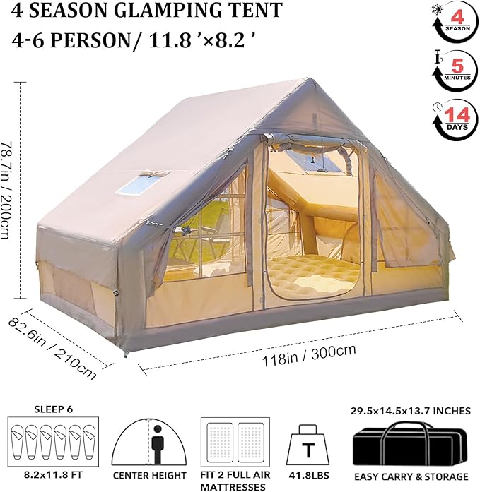 Inflatable Camping Tents 8-10 Person,129 Square Feets Large Inflatable Camping Tent with Stove Jack,Blow up Tent with Mesh Windows & Pump