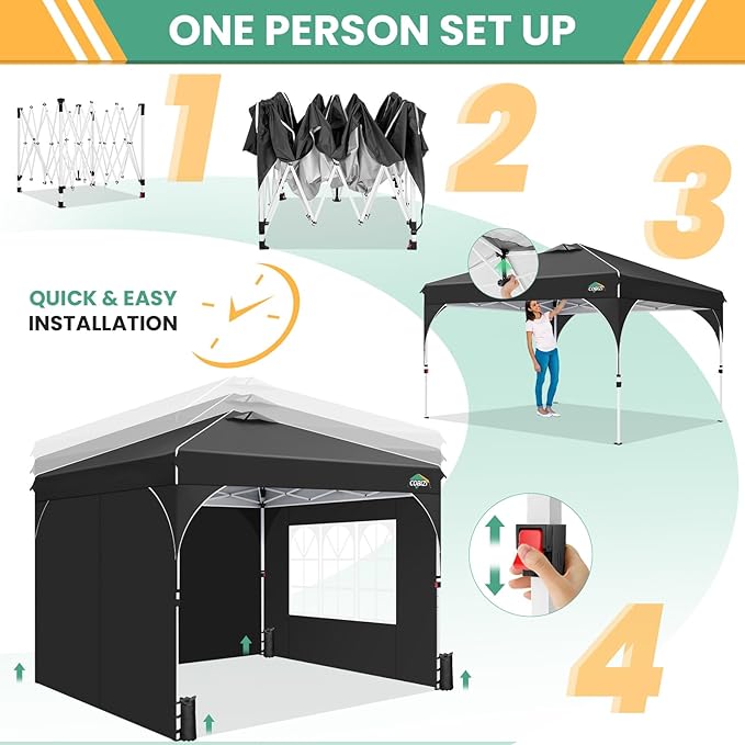 COBIZI 10x10 Pop up Canopy, Canopy Tent 10x10 with 3 Sidewalls, 1 Person Easy Set up,Tents for Parties, Outdoor Tent with Fluorescent Strip & 4 Sandbags, Waterproof, 3 Adjustable Height(Black)