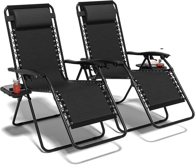 Set of 2 Adjustable Zero Gravity Lounge Chairs Outdoor Recliner w/Cup Holder Tray & Removable Pillows, Ergonomic Reclining Chair for Camping Patio Lawn Balcony (Black)