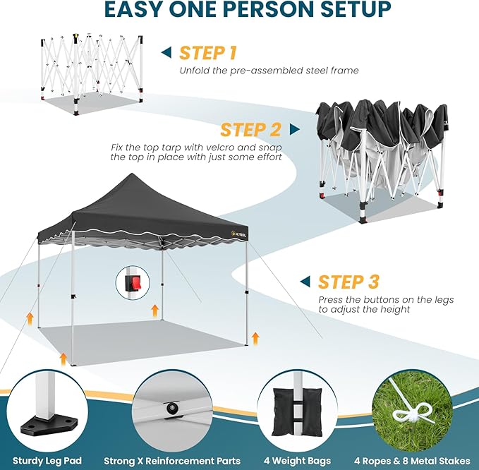 HOTEEL 10x10 Pop Up Canopy, Easy Setup Party Tent with Carry Bag, Weight Bag, Outdoor Portable Event Shelter for Backyard, Market, Black