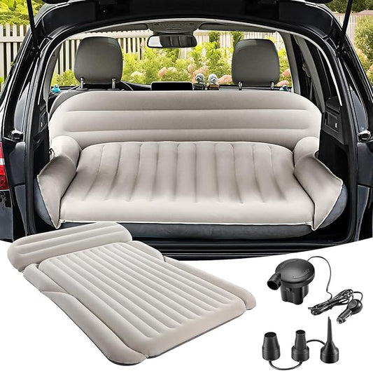 KMZ SUV Air Mattress Thickened Double Flocking Camping Mattress Upgraded Portable Sleeping Car pad Comfortable Inflatable Travel Bed with External Pump and 2 Pillows(Off-White and Light Gray)