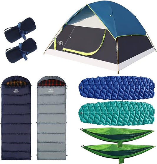 9 Pcs Camping Set,Include 1 Camp Tent,2 Sleeping Bag,2 Sleeping Pad/Camping Mat,2 Single Camping Hammock with 2 Tree Straps,2 Lightweight Bed Blanket for Family Outdoor Activities
