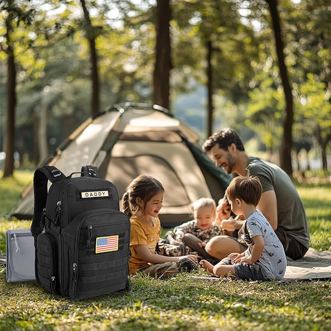 SHARKMOUTH Mens Military Diaper Bag - Military Baby Backpack with Insulated Bottle Pouches for Outdoor-Loving Dads - Changing Pad & MOLLE System for Camping, Hiking Travel