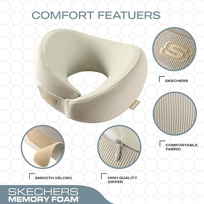 Skechers Memory Foam Neck Pillow, Comfortable & Breathable Travel Pillow, Neck Pillow Airplane for Travel, Car Rides, Home, and Office Use, Ergonomic Design for Men and Women,Beige