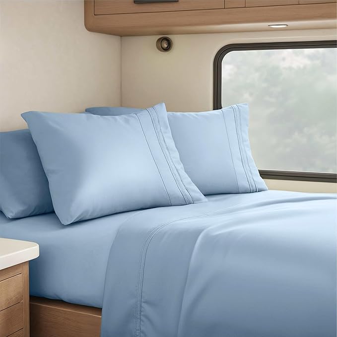 Hearth & Harbor Short Queen Sheets for RV, Stone Blue RV Queen Sheets, Silky Soft 1800 Microfiber Bed Sheet for Camper, 4 Piece RV Bedding with Pillowcases