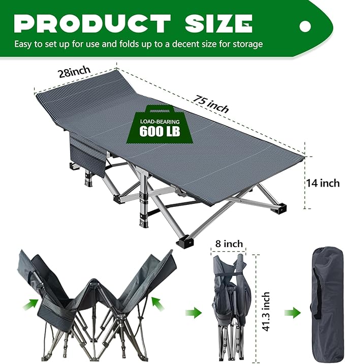 NAIZEA Folding Camping Cots for Adults, Portable Cot with Mattress Heavy Duty Outdoor Bed with Carry Bag 1200d Oxford Cloth Sleeping Cots for Camping Office Nap Home Guest Beach Travel