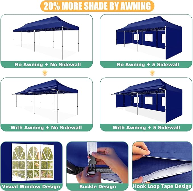 COBIZI 10x30 Pop Up Canopy Tent with Awning,Heavy Duty Canopy UPF 50+ All Season Wind Waterproof Commercial Outdoor Street Vendors Party Tents for Parties Canopy with Roller Bag(10 x 30 ft Dark Blue)