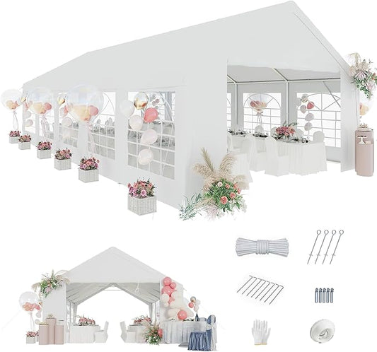 Aoxun 32x16 Party Tent Canopy for Weddings Waterproof Event Tent with Removable Sidewalls &Roll-up Door, Heavy-Duty Steel Frame for Outdoor Weddings, BBQ, Birthday Parties, & Camping,White