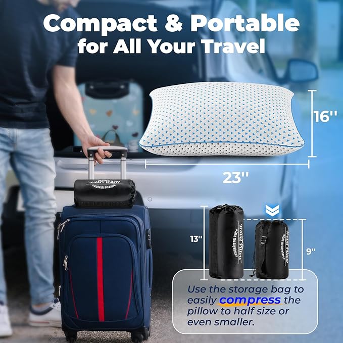 Cooling Shredded Memory Foam Travel & Camping Pillow, Large Adjustable Camp Pillow for Home-Like Comfort, Portable & Medium Firm Neck Support, Ideal Sleeping,Car,Airplane,Backpacking