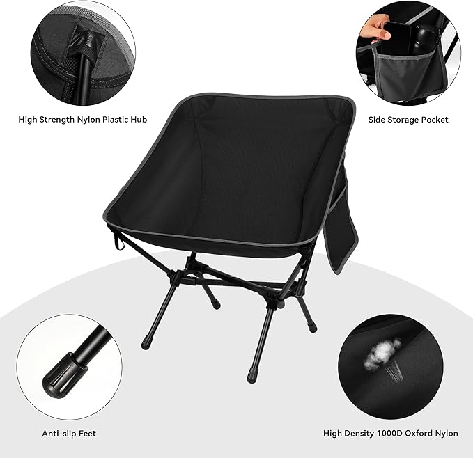 Ultralight Camping Chair, Portable Folding Backpacking Chair, Compact Camping Chair with Carry Bag for Outdoor Camp Hiking Backpack Beach Travel (Black)