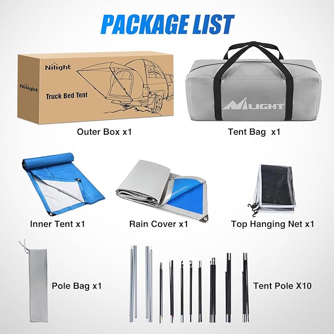 Nilight Truck Bed Tent 5.0-5.5FT Pickup Truck Tents with Removable Awning Waterproof PU2000mm Double Layer Rainfly Storage Bag 2-Person Sleeping Tailgate Bed Tents for Camping Travel Outdoor,Blue Grey