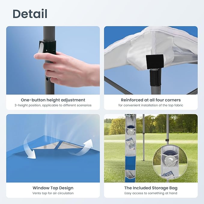 PHI VILLA 10’ x10’ Pop Up Canopy Tent - One Push Setup, Instant Shade Tent with Vented Roof for Beach & Events - Includes Storage Bag, Sandbags, Stakes & Ropes (Blue)