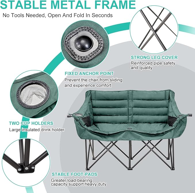 DoCred Double Camping Chair - Oversized Loveseat, 2 Person Camping Chair for Adults Heavy Duty,Two Person Folding Chair with Cup Holder, Supports up to 500 LBS for Outside Picnic Beach Travel