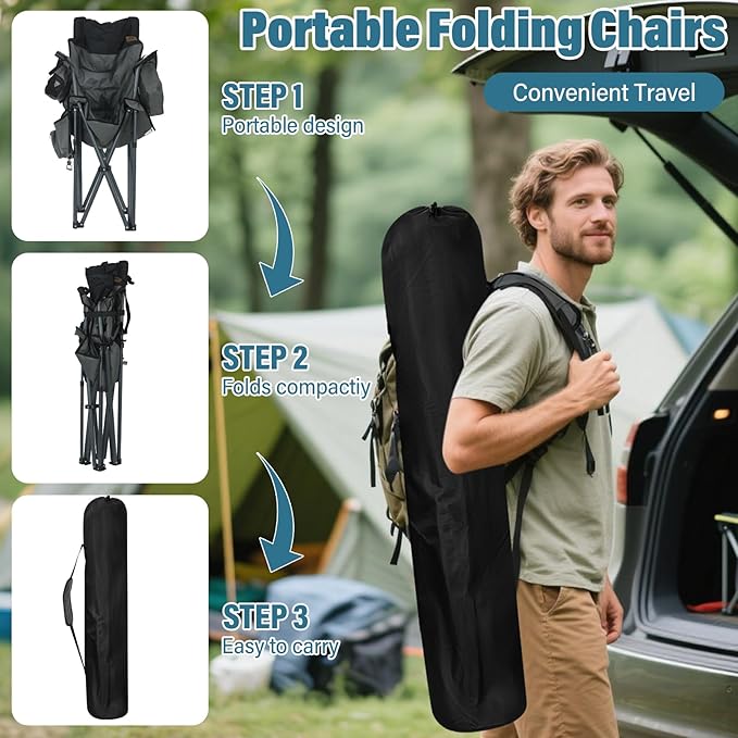 Oversized High-Back Camping Chairs with Pillow, Dual Cup Holders & Cooler Bag - Heavy Duty Foldable Outdoor Chair for Adults, Picnic, Fishing, Backyard, Sports (2, BlackGrey
