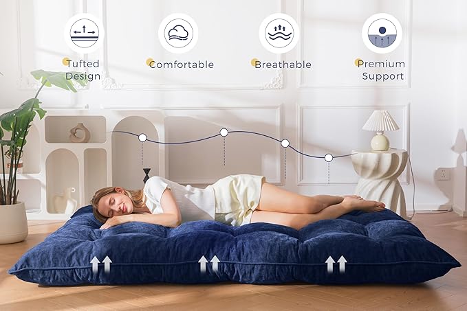 MAXYOYO Floor Mattress Full Size, 6" Chenille Japanese Futon Mattress Foldable Floor Bed for Adults Tufted Roll Up Floor Couch Bed, Tatami Mat Sleeping Pad for Living Room, Bedroom, Navy