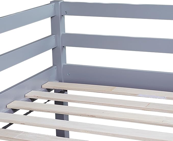 KEIKI Twin Size Low Loft Bed, Slide & Ladder, Guardrails, Rubber Wood, Grey