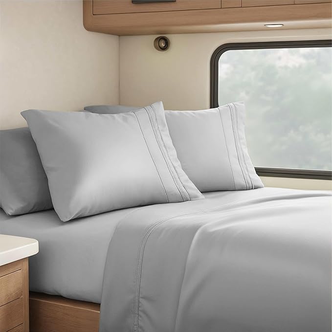Hearth & Harbor Short Queen Sheets for RV, Light Grey RV Queen Sheets, Silky Soft 1800 Microfiber Bed Sheet for Camper, 4 Piece RV Bedding with Pillowcases