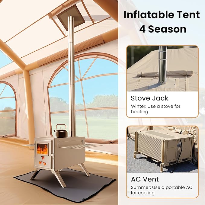 Inflatable Tents for Camping, Blow Up Tent with Hand Pump, Easy Setup Inflatable Hot Tent with Stove Jack, Waterproof Oxford Air Glamping Tents for Camping Adult 4 Person Upgrade Version