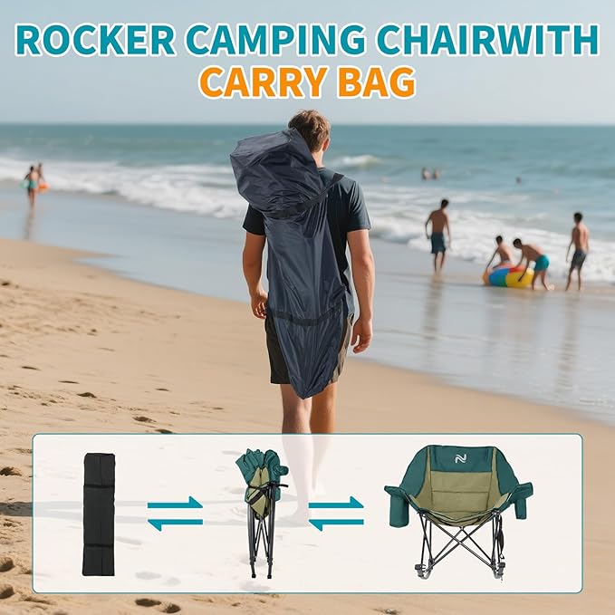 Oversized Rocking Camping Chair for Adults - Padded Recliner Rocker - Folding Lawn Chair with Cooler Bag and Pockets - Portable Rocker Chair Outdoor for Camp Patio Backyard