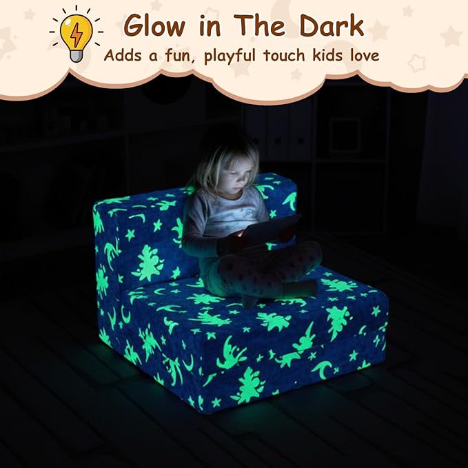 Folding Sofa Bed Floor Mattress for Kids with Pillow Toddler Glow in Dark Washable Mat for Sleeping, Child Fold Up Dinosaur Chair Bed with Storage Bag for Playroom, Camping, Girls Boys, Blue