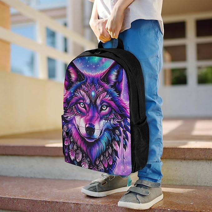 Supdreamc Backpack Polyester Anti-Theft Multipurpose Naive Wolf Head Pink Bookbag Large Capacity Laptop Book Bag Rucksack With Side Pockets