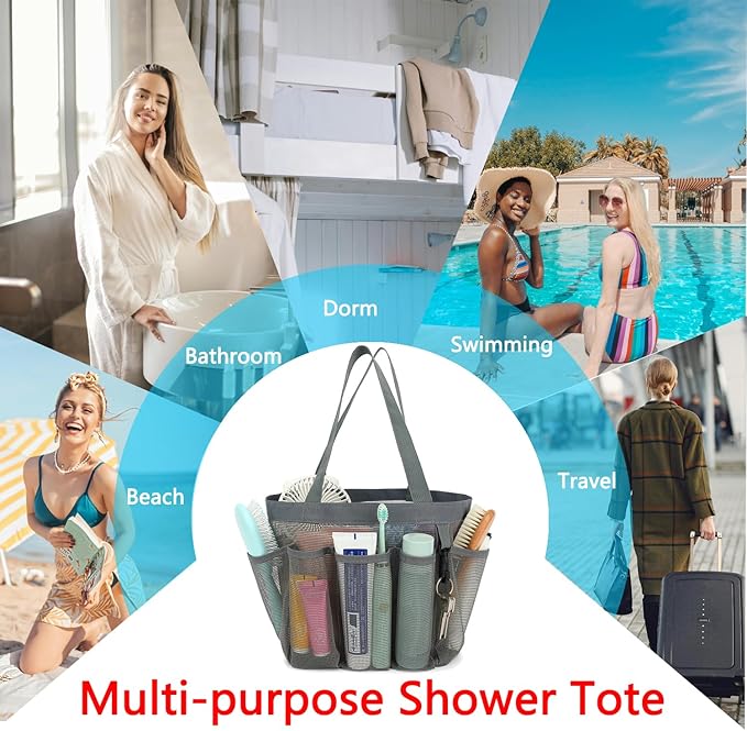 Mesh Shower Caddy Portable for College Dorm Room Essentials, 8-Pocket Large Shower Basket Tote Bag with 2 Handles for Toiletry, Bathroom, Beach, Camp, Gym