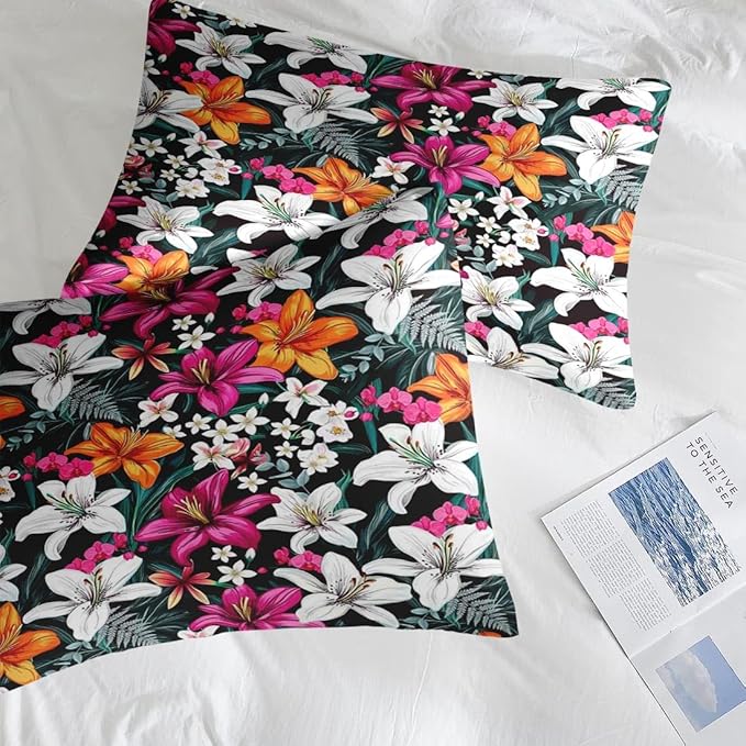 Comforter Set Full Size, Lilies Orange Pink Flowers 7 Pcs Bedding for Kids and Adults, Floral Blossom Hawaii Bed Sheet Sets with Fitted Sheet 2 Pillowcases & 2 Shams for Bedroom Bed Decor