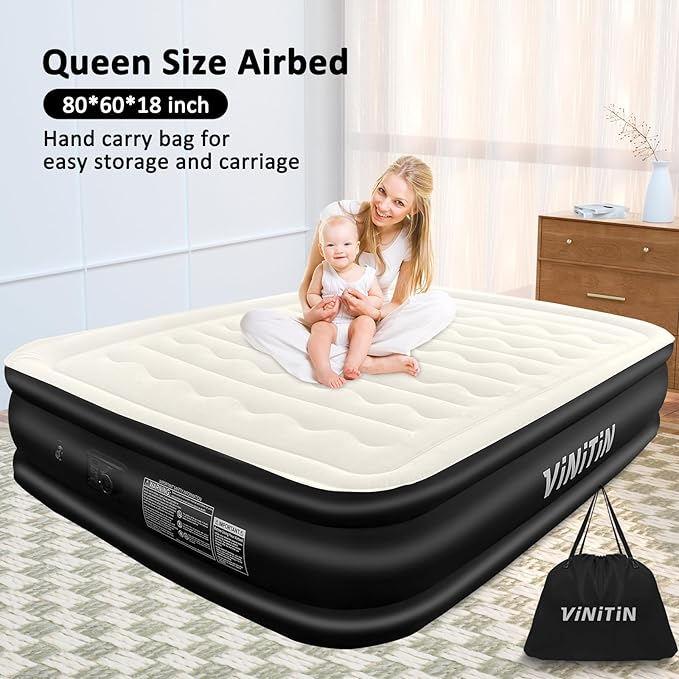 Air Mattress Queen with Built in Pump, 18" Elevated Inflatable Blow Up Mattress with Self-Inflation/Deflation, Soft Flocked Top Air Bed for Guest, Home,Camping, 80x60x18in, Charcoal Black